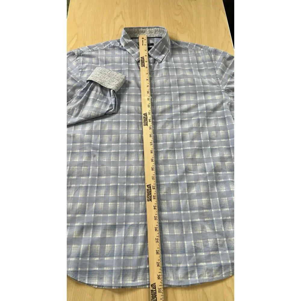 Bugatchi White & Blue Plaid Casual Button Down Shirt - Size Large - Classic Fit